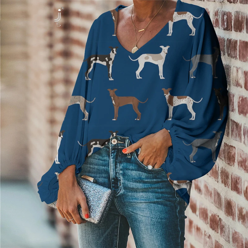 2021 Women Blouse Cartoon Greyhound Dog Pattern Print Lady Loose Lantern Long Sleeves Tops Clothes Casual Shirt Chemise Femme