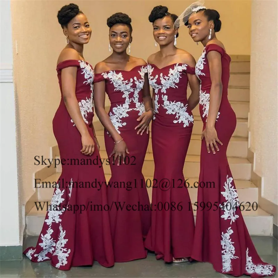 Burgundy Long African Bridesmaid Dresses 2022 Sexy Off The Shoulder White Lace Mermaid Wedding Guest Vestido de festa longo