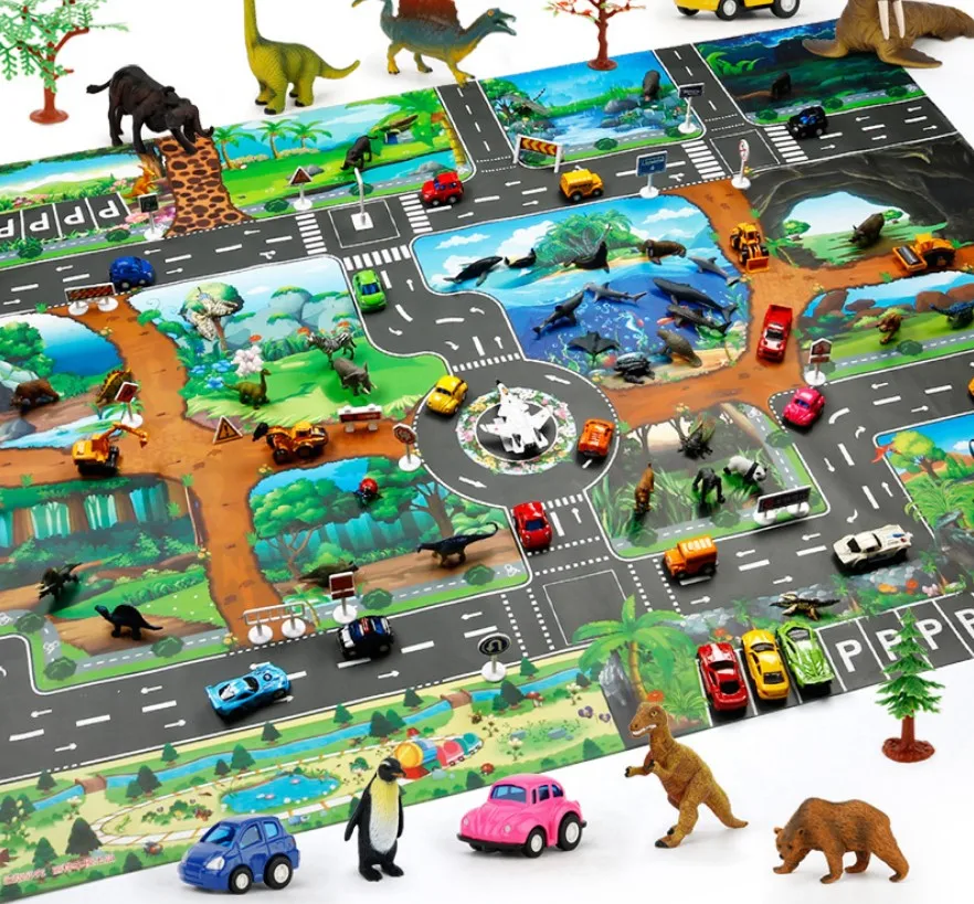 

City Traffic Play Mat 130*100 Crawling Mat children Rug Animal Car Dinosaur Engineering Developing Mat for Children Game Pad