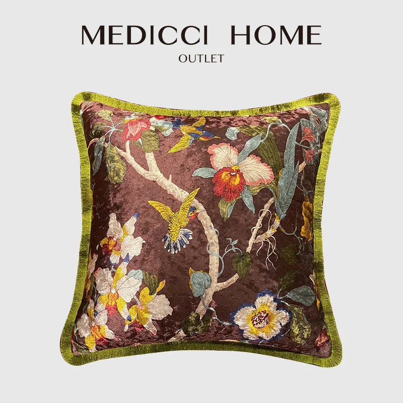 Medicci Home Luxury Pillow Cover Italy Shiny Velvet Floral Hummingbird Print Retro Vintage Ancient Cushion Case Brown 50X50cm