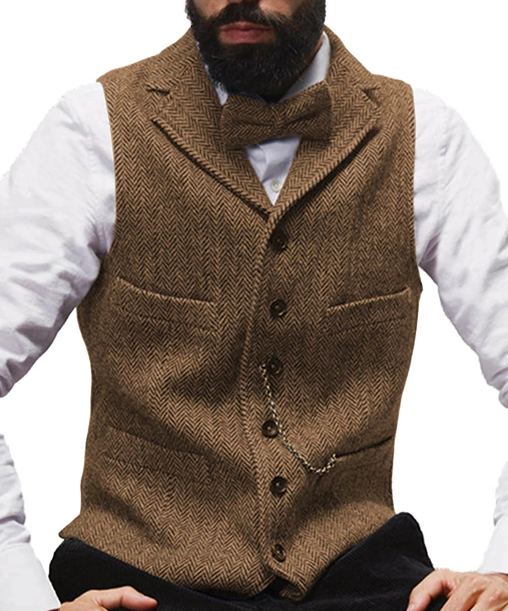 Brown Men Suit Vests Black Waistcoat Vest Man Steampunk Jacket Striped Tweed V-neck Slim Fit Gilet Homme Wedding Clothing