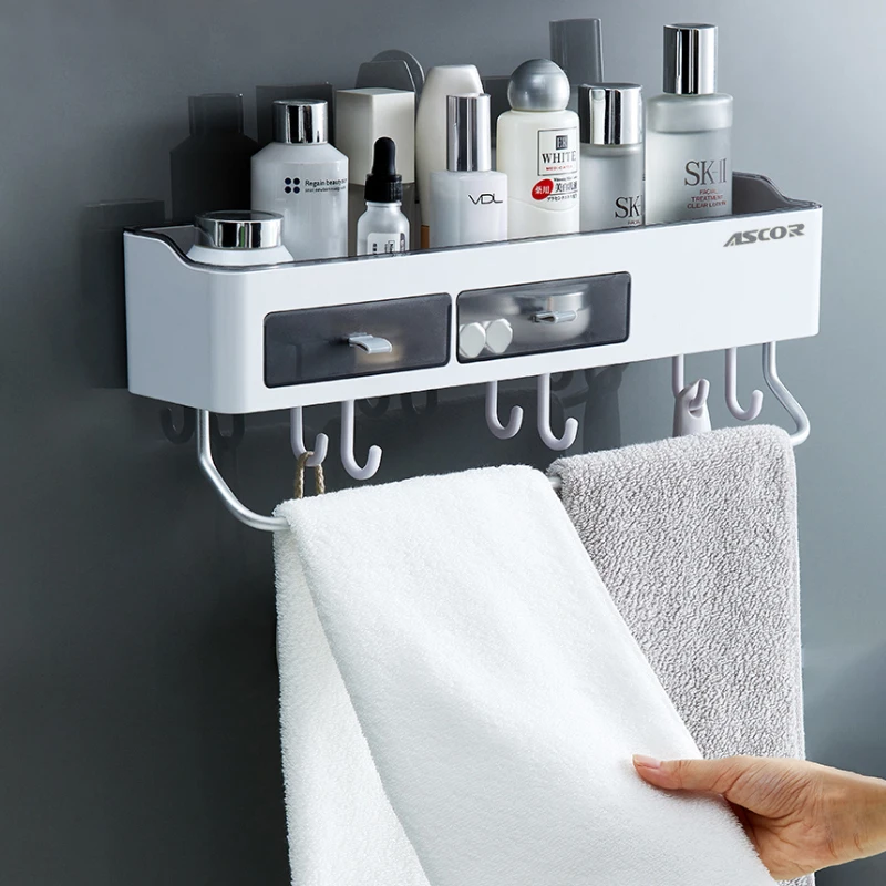 Punch-Free Storage Rack Bathroom Shelf With Drawer Towel Bar For Kitchen Organizer Household Bathroom Accessories Housekeeper