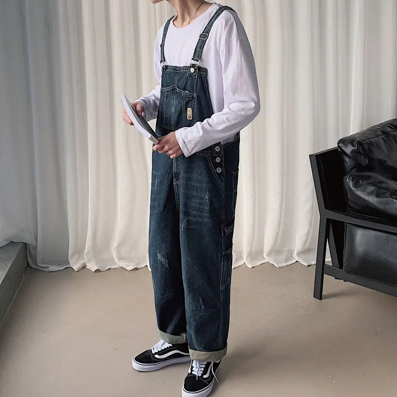 2021 High Quality Overalls Men's Loose Jeans Jumpsuits Big Pocket Hi Street Distressed Denim Bib Suspender Pants Blue Trousers