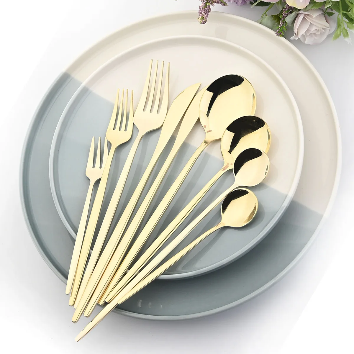 10Pcs Champagne Gold Dinnerware Stainelss Steel Cutlery Flatware Set Silverware Fork Spoon Knives Dessert Wedding Tableware Set