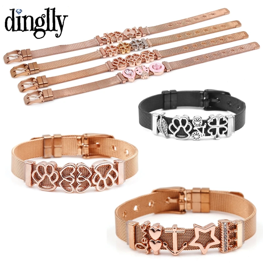 Dinglly Rose Gold Plated Stainless Steel Mesh Bracelets For Women Men Star Bears Anchor Beaded Charm Watch Belt Bangle