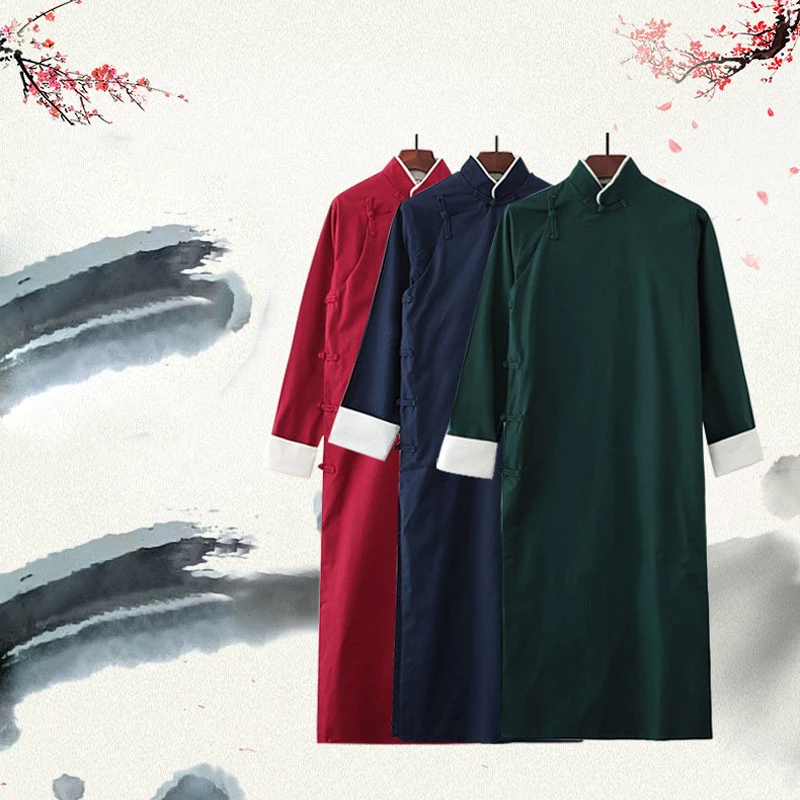 9 Colors Chinese Style Traditional Kung Fu Retro Male Tang Suit Gown Crosstalk Performance Tunic Suit Pure Cotton Linen Gown