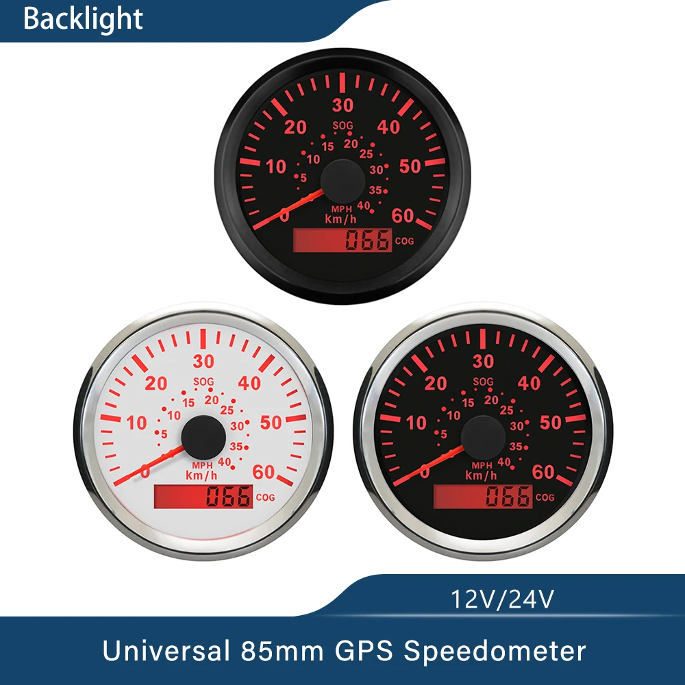 Waterproof 85mm GPS Speedometer 0-60KM/H(0-40MPH) 0-120kmh(0-75MPH) Speed for Boat Yacht Vessels With Red Backlight 12V/24V