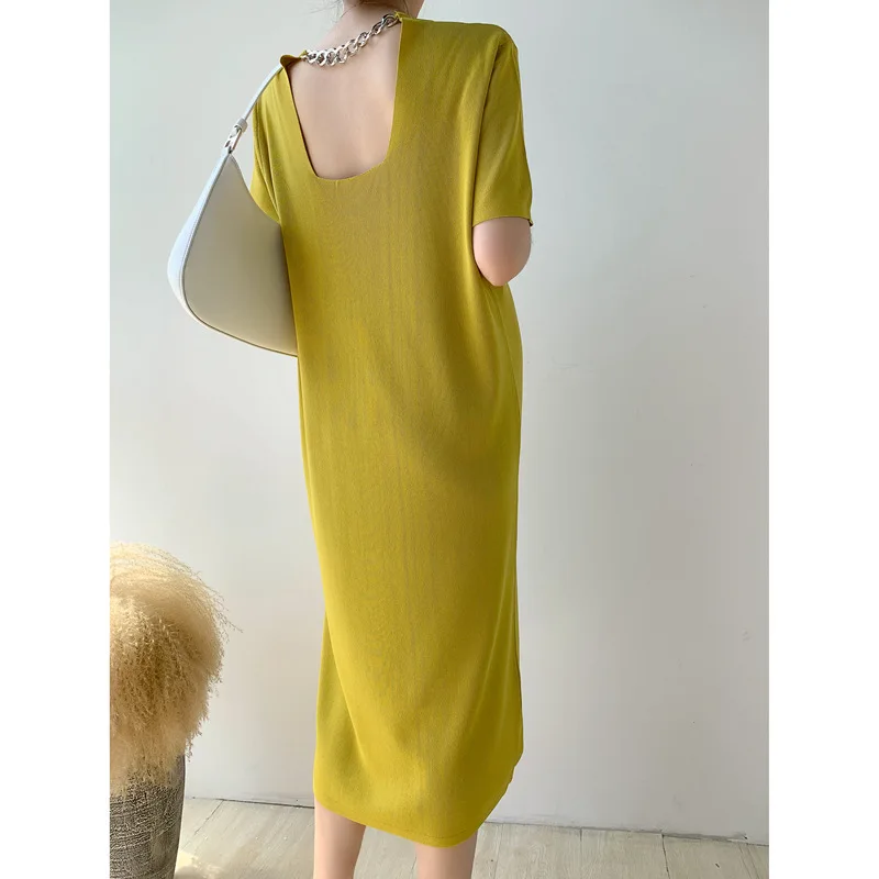 

Maternity Ice Silk Dress Summer Solid Color Loose Short-sleeved Breathable Thin Open Back Temperament Skirt Maternity Dresses