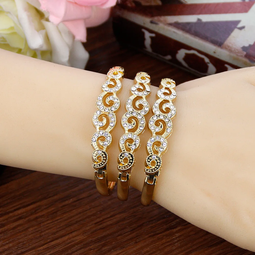 Sunspicems Algeria Morocco Crystal Bangle Set Flower Cuff Bracelet For Women Gold Color Dubai Ethnic Wedding Jewelry Arab Bijoux