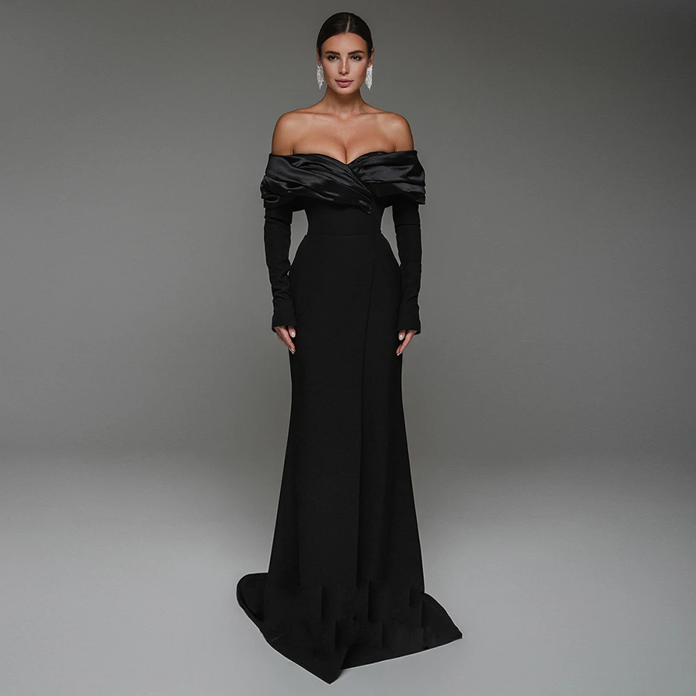 

Weilinsha Sexy Black Mermaid Evening Dress Off The Shoulder Long Sleeves Pleat Formal Party Gown Lace-up Prom Dresses