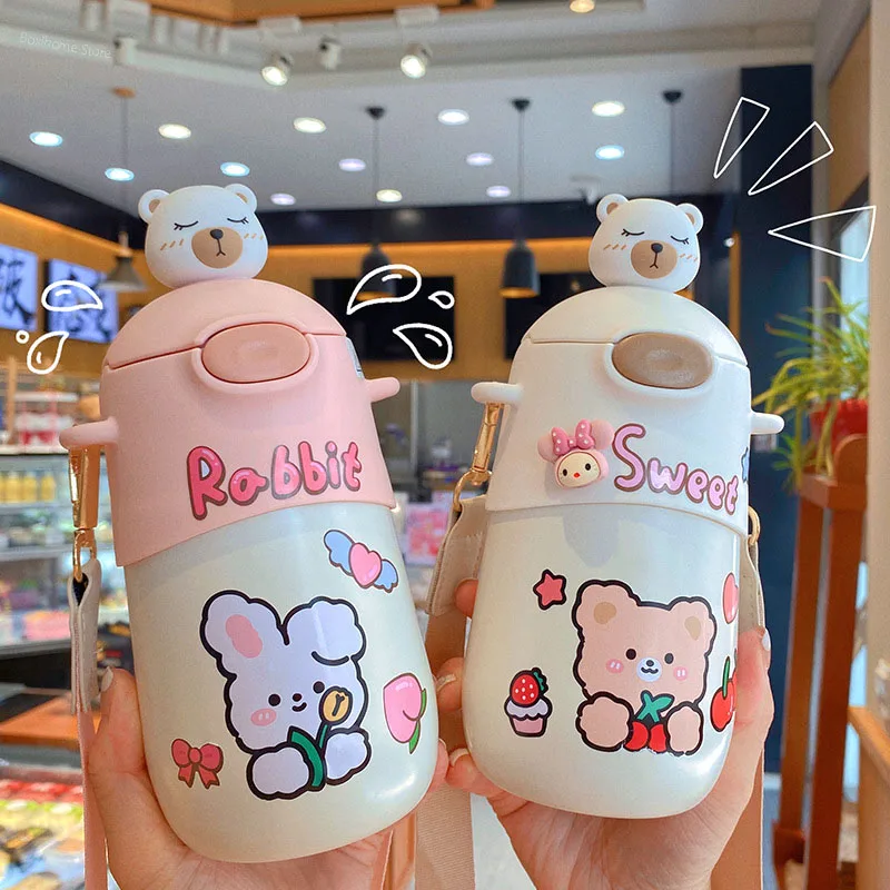 

Cute Cartoon Bear Cup Thermal Kawaii Children Stainless Steel Insulated Water Bottle With Straw Portable Strap School Thermos