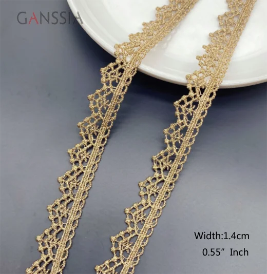 Width:1.4cm (0.56 inch) Embroidered Lace Trim Gold Gift Packaging Laces For Ribbon DIY Handmade Patchwork Sewing (SS-2386)