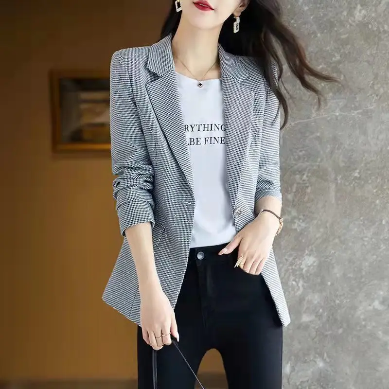 Blazer da donna a quadri autunnali bottone singolo Business Vintage elegante cappotto pied de poule capispalla da donna da ufficio Blazer Casual top