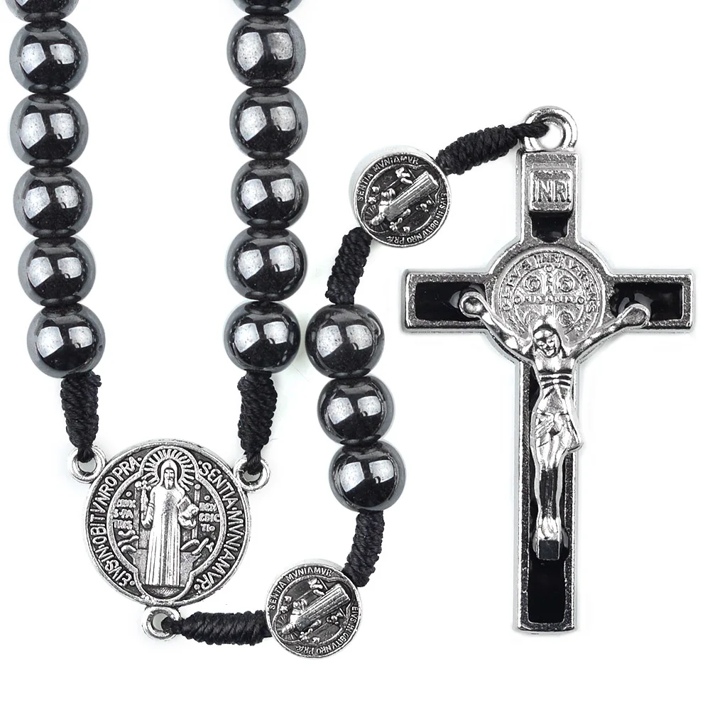 St Benedict Cording Rosary 8mm Hematite Beads Religious Cross Necklace Catholic Black Woven Rosaries