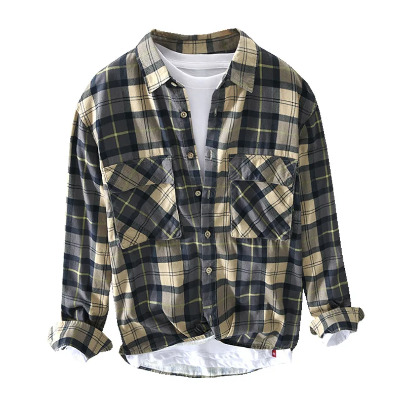 Z147 Spring Summer New Men Plaid Shirt Cotton Comfortable Classic Business Casual Daily All-Match Japan Style Lapel Pockets Tops