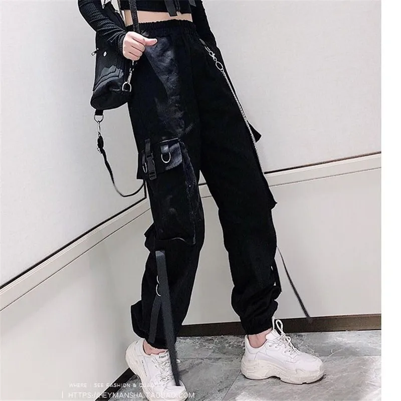 Women\'s Cargo Pants Buckle Ribbon Pocket Jogger Elastic Waist High Streetwear Harajuku Pant Punk Ring Chain Females Trousers