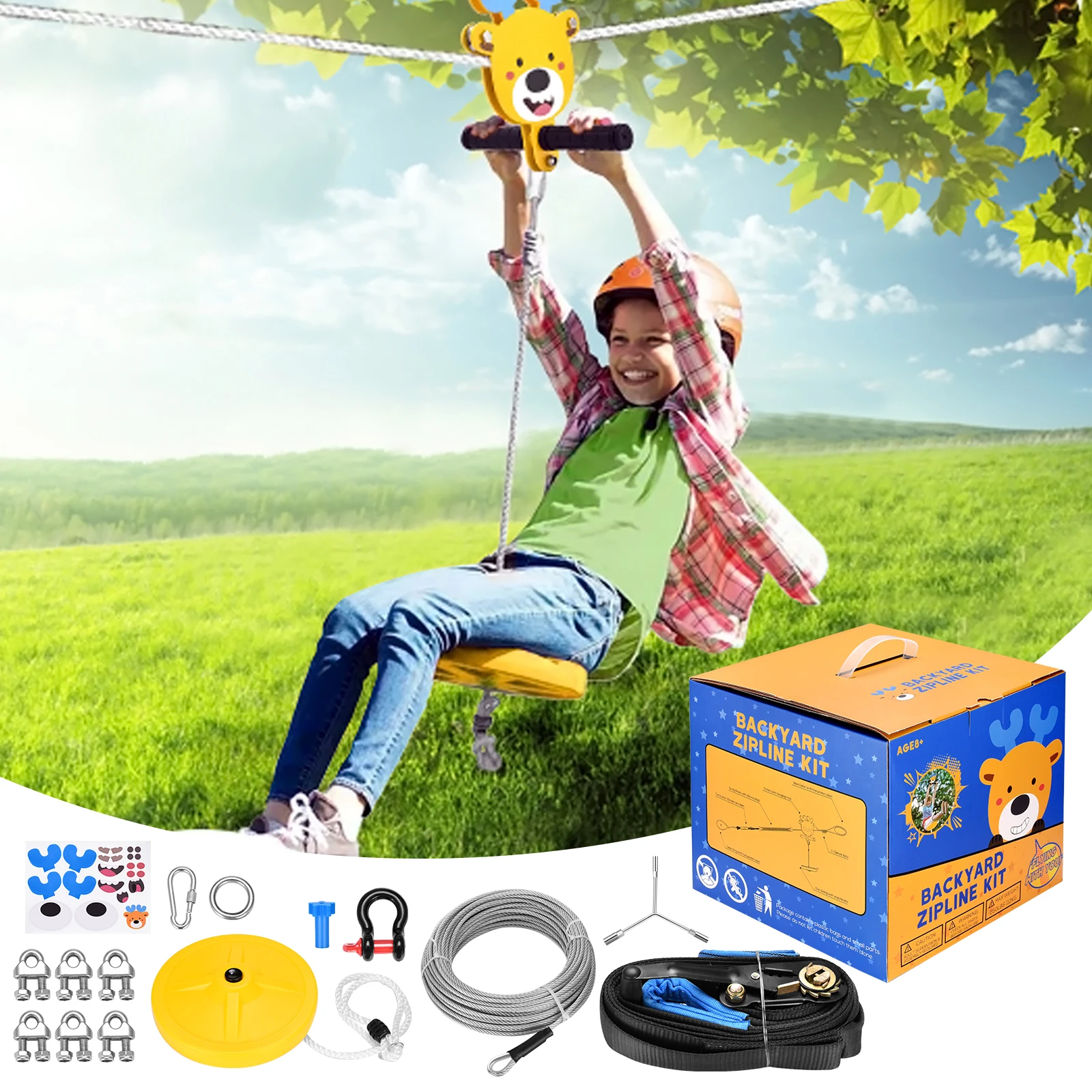 Heavy Duty Compound Galvanized Steels Cable Zip Line Kit With Stainless Steel Spring Brake Backyard Zipline For Kid 80/100/120FT