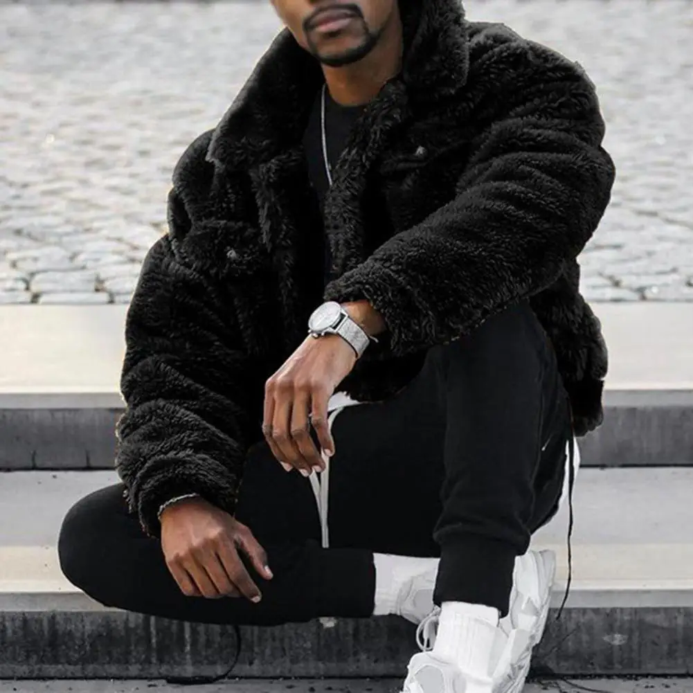 Winter Coat Solid Color Plush Simple Fluffy Men Jacket Hip-hop Style Winter Coat