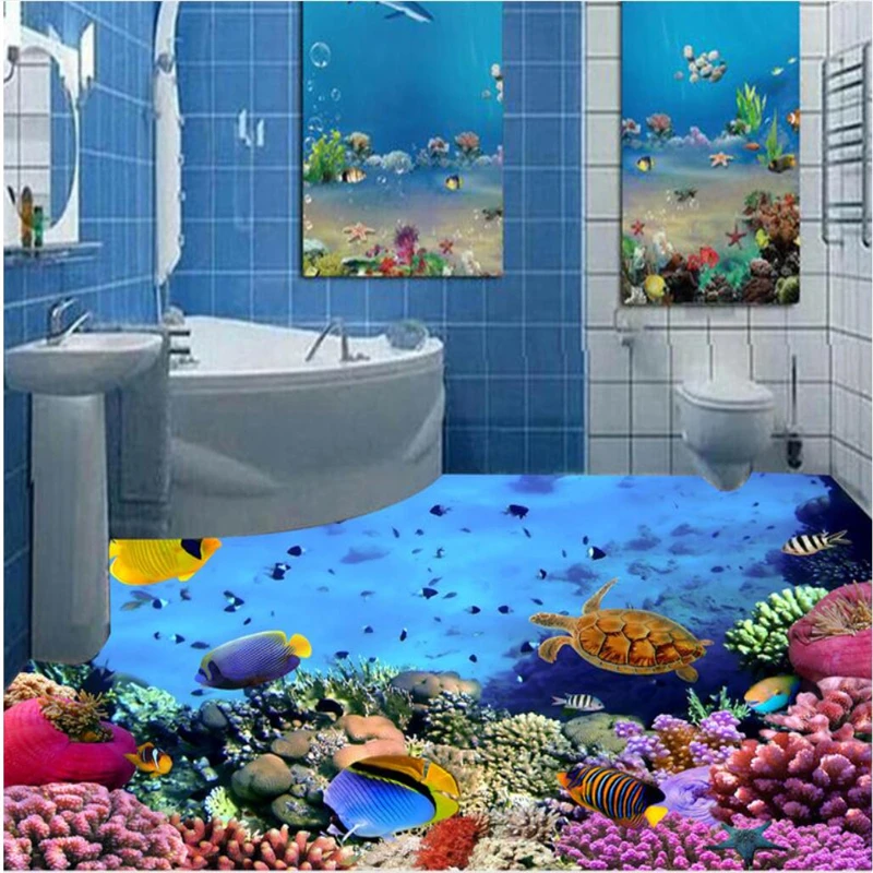 

Custom wallpaper 3d pvc Self-adhesive floor Any size photo Sea world Coral sea turtle Tropical fish 3D bathroom floor painting