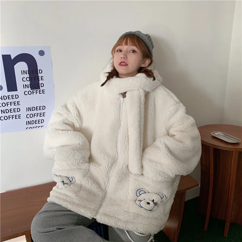 KOSAHIKI Japanese Students Kawaii Fluffy Jackets Women Autumn Winter Loose Hooded Faux Fur Coat Bear Embroidery Sweet Jacket