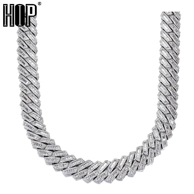 

Hip Hop 17MM 3 Row Baguette Prong Cuban Chains Bling Iced Out CZ Setting AAA+ Cubic Zirconia Box Buckle Necklace For Men Jewelry