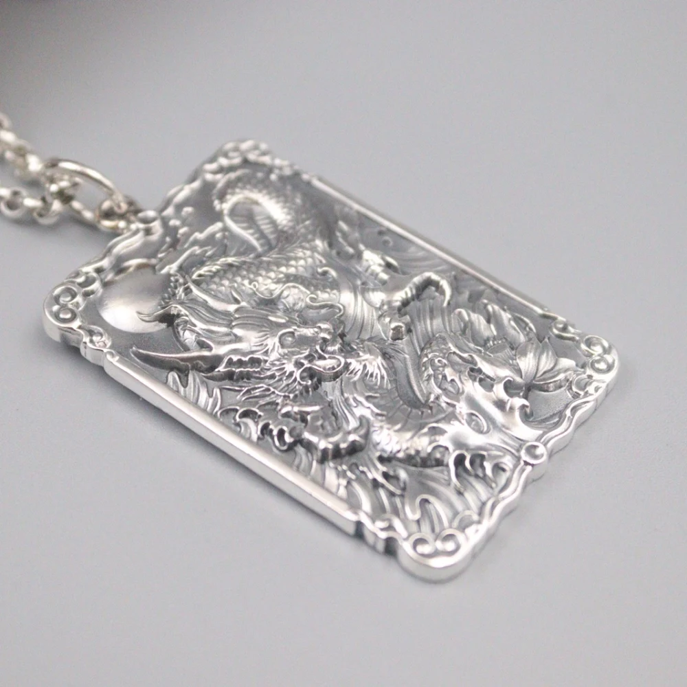 

Pure 925 Sterling Silver Bless Lucky Carved Cloud Pattern Dragon Oblong Square Pendant For Men Gift 56*30mm