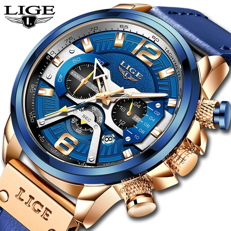 LIGE Man Watch Brand Luxury Leather Chronograph Casual Sport Watches Men Fashion Date Waterproof Luminous Clock Reloj Hombre+Box