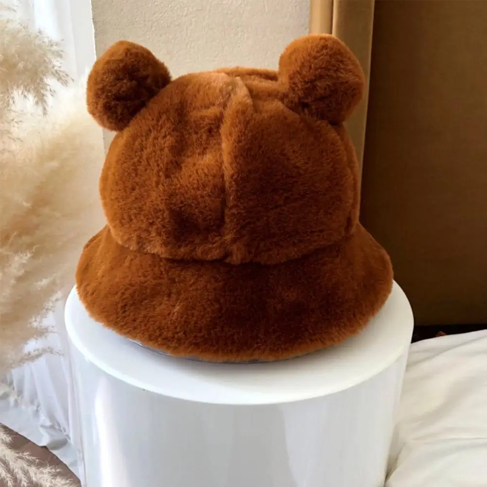 Fashion Autumn Winter Leopard Fur Bucket Hat Bear Ear Ball Plush Fisherman Hat Soft Warm Thick Basin Hat Bucket Hats