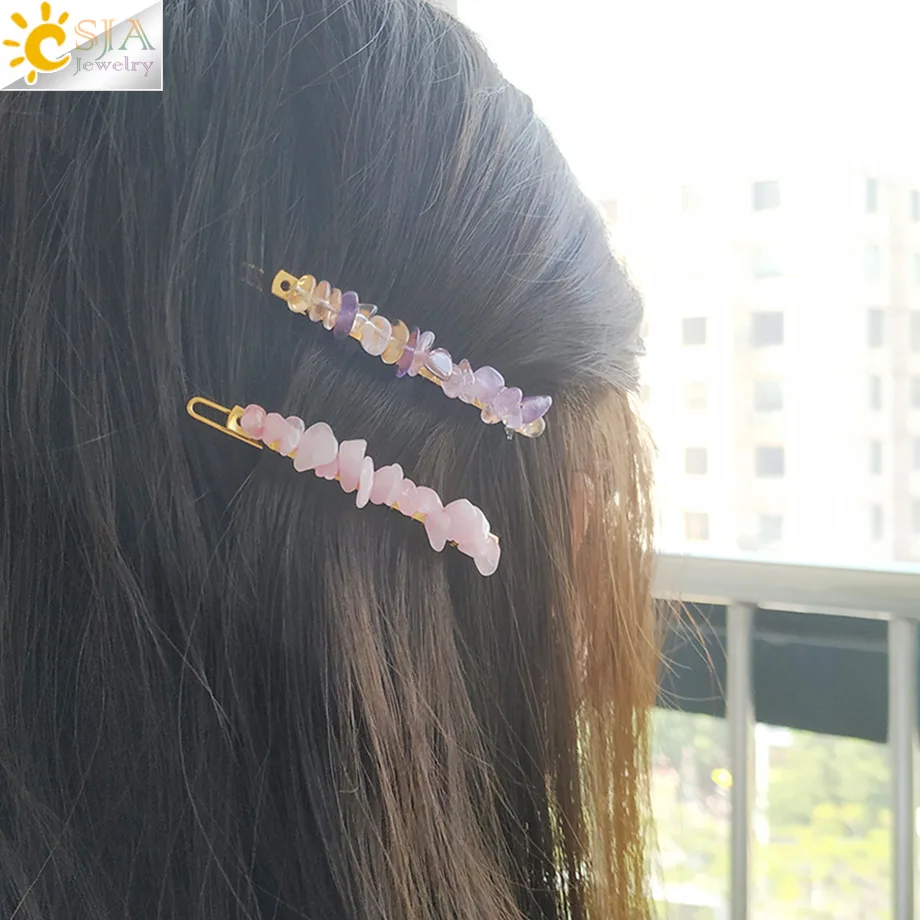 CSJA Gold Color Crystal Barrette Irregular Natural Stone Silver-color Wire Wrapped Hair Clip for Women Girl Fashion Jewelry G625