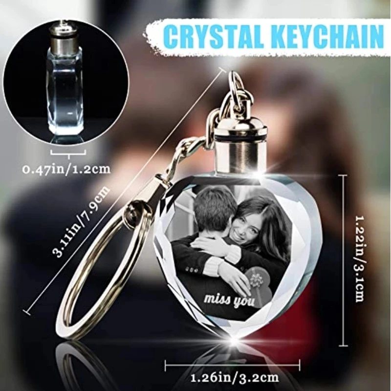 Diy 3D Colorful Personalized Heart Crystal Key Chain Photo LED Light Keychain Luminated Keyring Glass Baby Memorial Lover Gifts