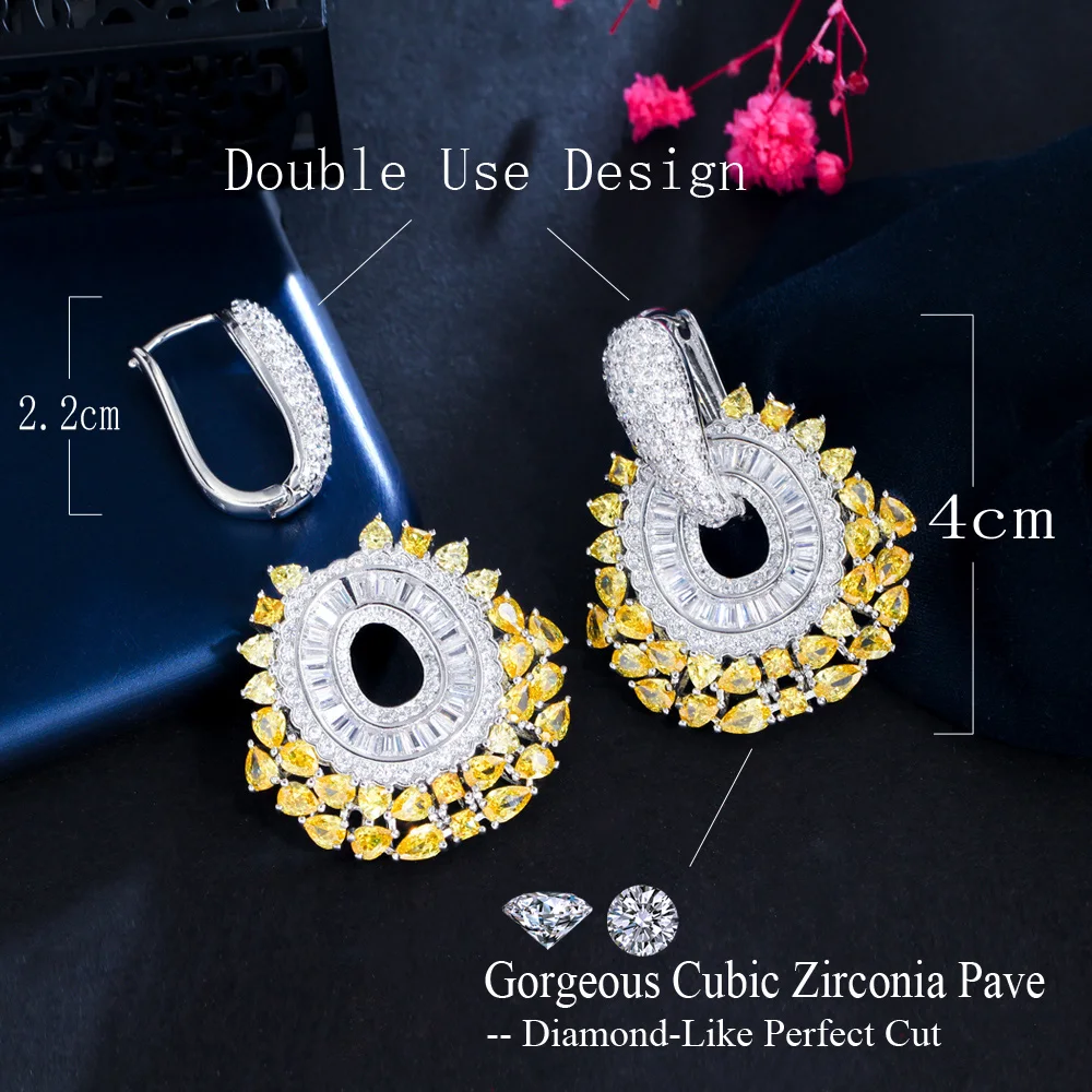 CWWZircons Top Funkelnde Gelbe CZ Große Hängende Huggie-Ohrringe für Damen Abendparty Brautschmuck Großhandel CZ105 – Detail 1