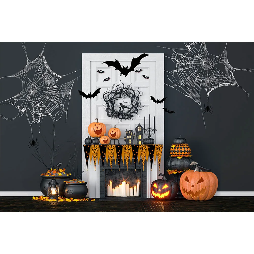 Halloween Night Party Backdrop Decorations Spider Web Fireplace Halloween Portrait Background Pumpkin Lantern Birthday Photocall