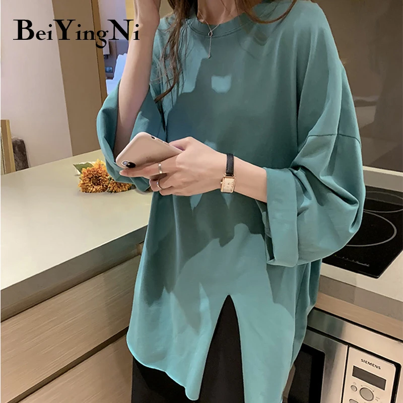 Beiyingni Loose Oversized T-shirt Female Long Sleeve Casual Vintage Split Tops Woman Spring Autumn BF Cotton Plain T Shirt Women