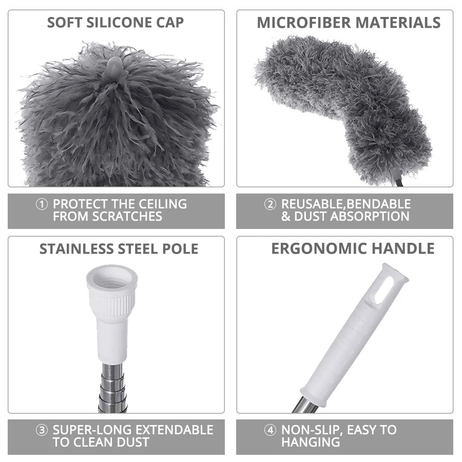 Retractable Dust Duster Ultra-Long 0.8-2.8m Microfiber Brush Household Stainless Steel Arbitrary Bending Gap Cleaning Tool