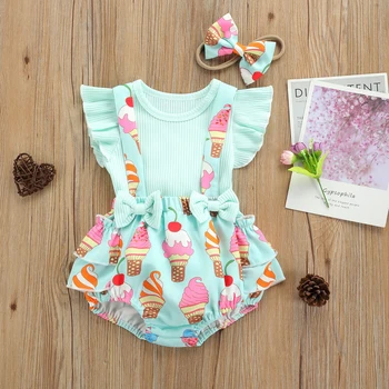 Cute Newborn Infant Baby Girls Fly Sleeve Ribbed Blue T-Shirt Top ICe Cream Print Suspender Pants Bowknot Headband 3pcs Outfits