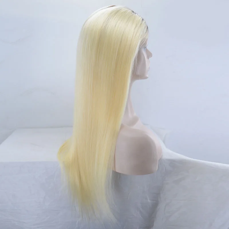 Real cabelo humano longo reta peruca dianteira do laço cabelo escuro raiz luz loira traje peruca para senhoras