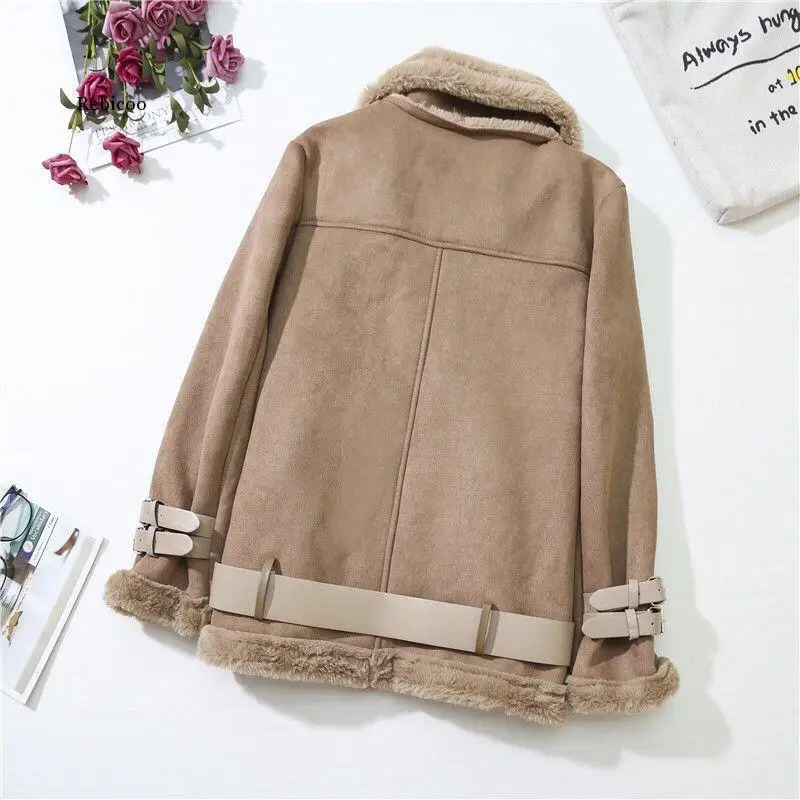 Winter Suede Jackets Women Lambs Wool Casual Jackets Thick Warm Faux PU Suede Jacket Female Oversized Motorcycle Coat Female