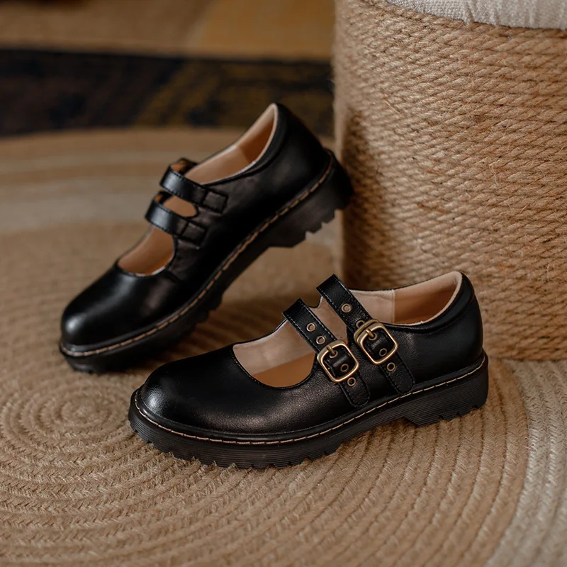 Brown Leather Vintage Nostalgia Buckle Platform Mary Janes Shoes Women Shallow Student Thick Bottom Cowhide Black Loafers