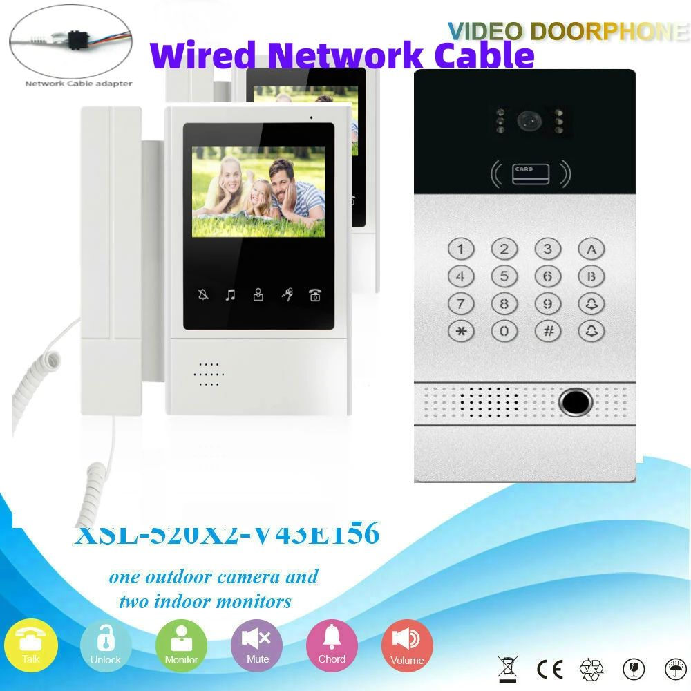 Vingerafdruk Wachtwoord Rfid Unlock Video Intercom 4.3 Inch Monitor 100M Netwerk Kabel Video Deurbel Intercom Home Security Kit