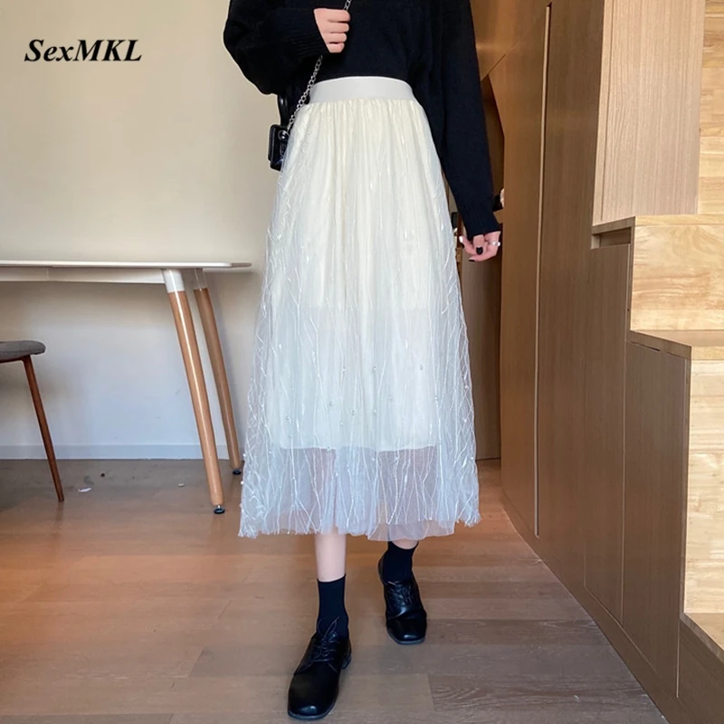 

2023 Summer Vintage Tulle Skirt Women Elastic High Waist Mesh Skirts Beading Korean Style Long Pleated Tutu Skirts Female Jupe