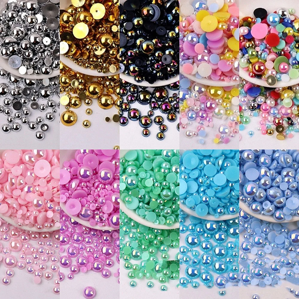 240pcs/Bag Colorful Half Round Flatback Pearls Accessories Mix Sizes(3-10mm) for Nail Art Decorations ABS Imitation Pearl Beads