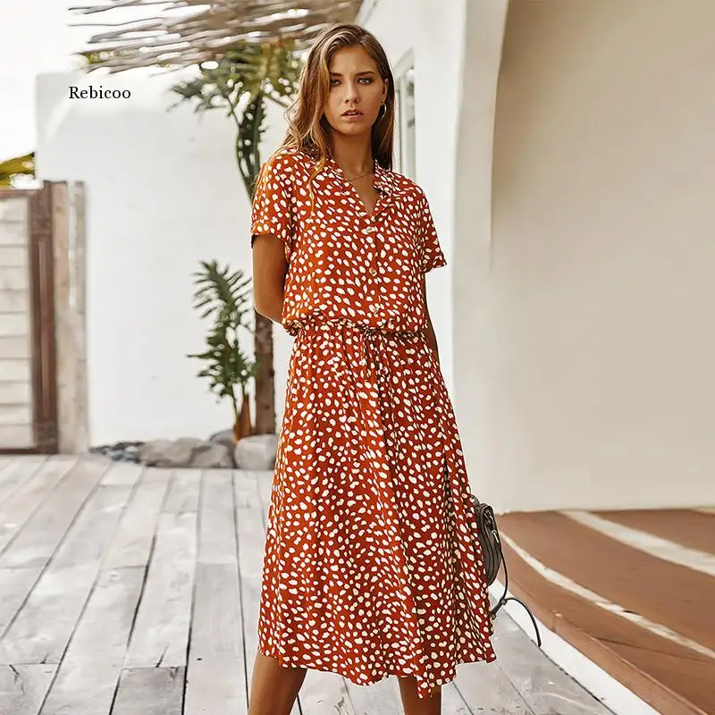 

Fashion Polka Dot Print Dress Women High Waist Sashes a Line Summer Dress Short Sleeve Single-Breasted Bohemian Midi Dresses