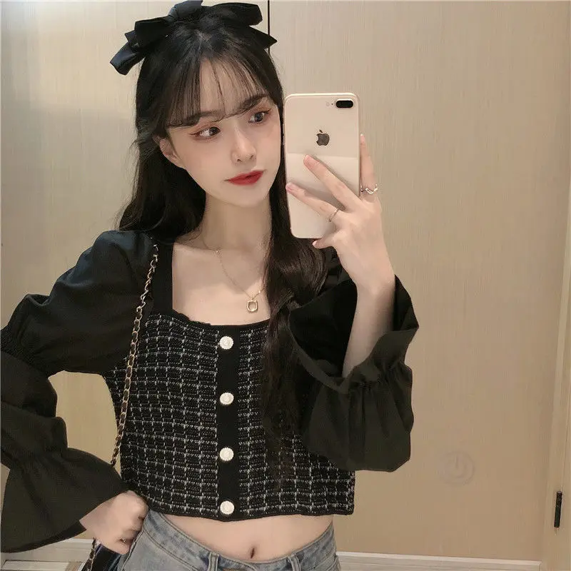 Women's Spring Autumn Lattice Knitwear Puff Sleeve Short Top Woman Sweaters Femme Chandails Pull Hiver