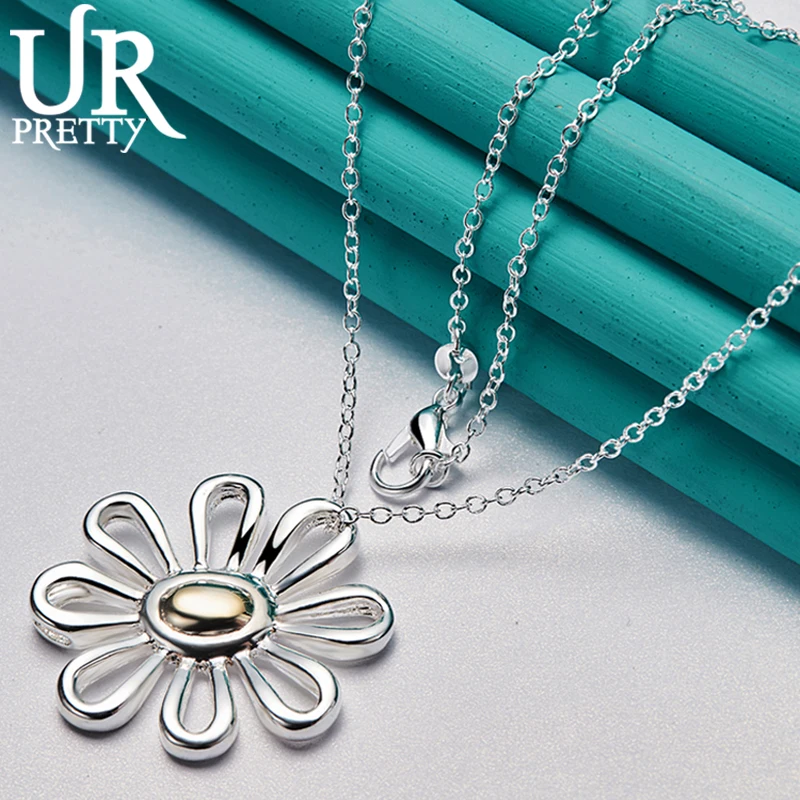 URPRETTY 925 Sterling Silver Daisy Necklace 16/18/20/22/24/26/28/30 Inch Snake Chain For Woman Party Engagement Wedding Jewelry