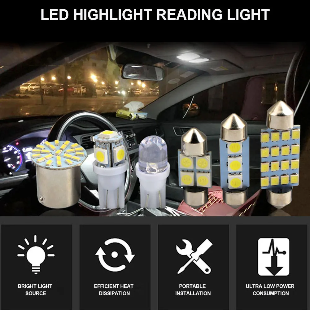 28pcs Car LED Reading Light Bulb Car Interior White Combo LED Map Dome Door Trunk Dome License Plate Light Bulbs T10 White