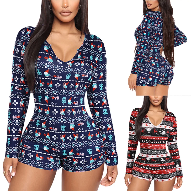 Christmas Printed Romper Slim-fit Long Sleeve V-neck Soft Sleepwear Playsuit Women\'s Clothes Red Blue