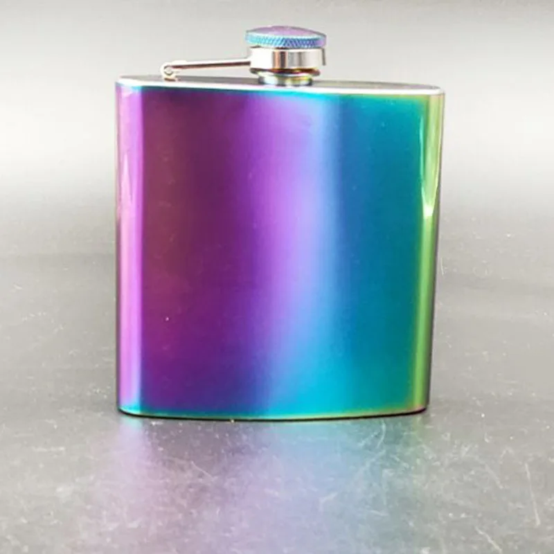 Portable 6oz Hip Flask Gold Plated Gradient Color Rainbow Colored Stainless Steel Flask Screw Cap Whiskey Wine Bottle Groom Gift