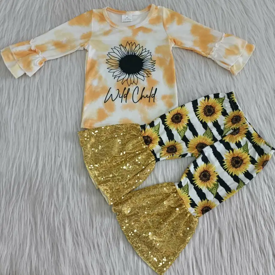 

2022 Toddler Boutique wholesale kids clothing Sunflower Long sleeve ruffles tshirts and sequin pants 2pcs boutique outfits