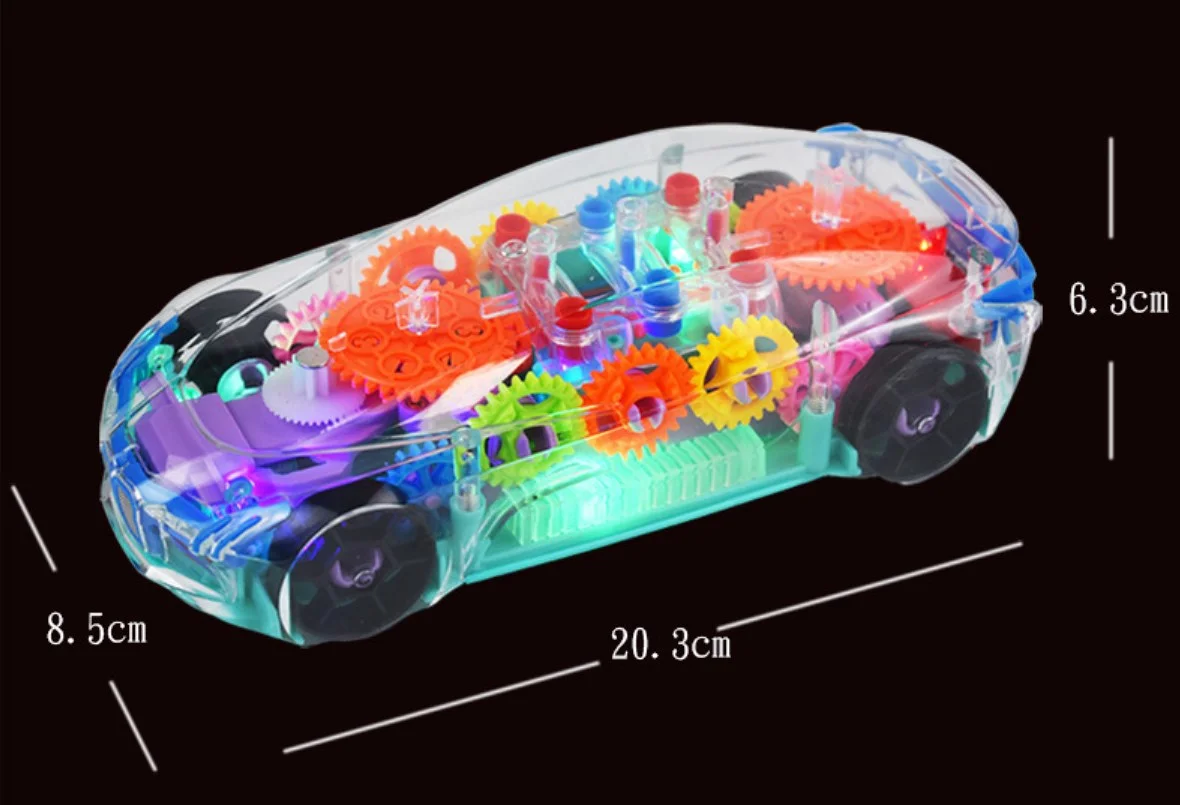 Coche de carreras eléctrico intermitente para niños, juguete con luz transparente, LED colorida, música, engranaje mecánico, modelo luminoso, regalo para niños