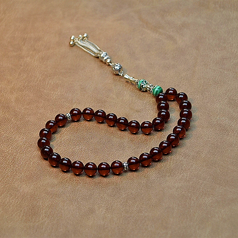New 100% Natural Amber stone Maroon 9mm+ Beads Muslim Taisbyha Rosary 925 Silver Accessories Free Shipping